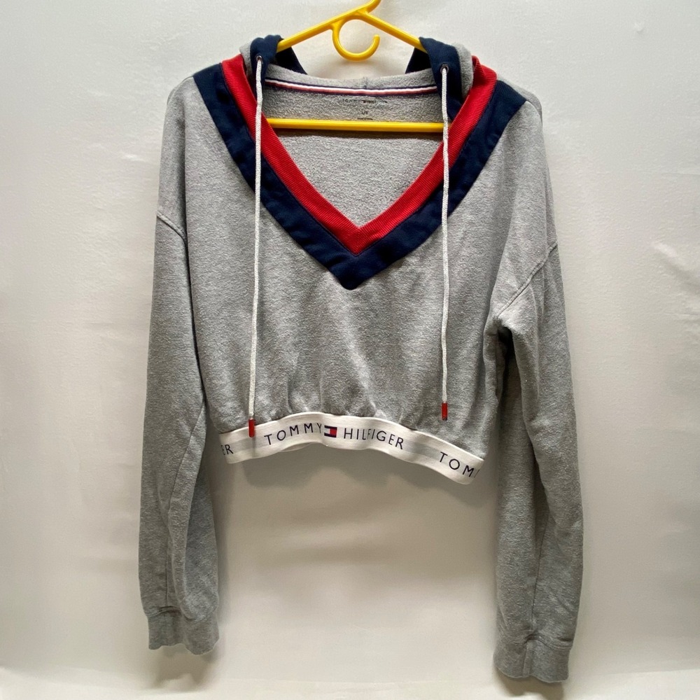 Tommy‎ Hilfiger Cropped Hoodie Women's Large Grey Retro Lightweight Pullover GUC